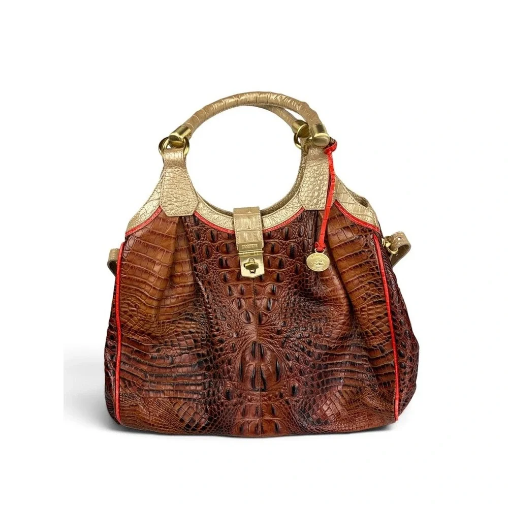 Brahmin Pecan Melbourne Croc Embossed Leather Satchel Gold Trim Brown Red Bag